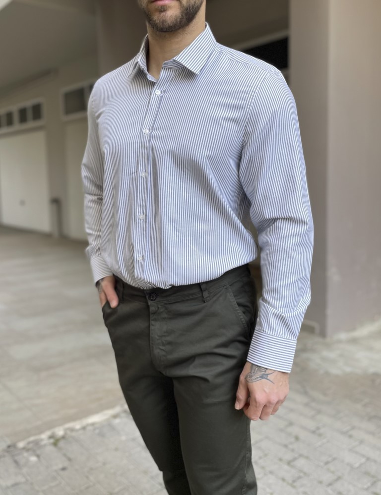 Ανδρικό πουκάμισο με γιακά λευκό με γκρι ρίγα 2097G φωτογραφία